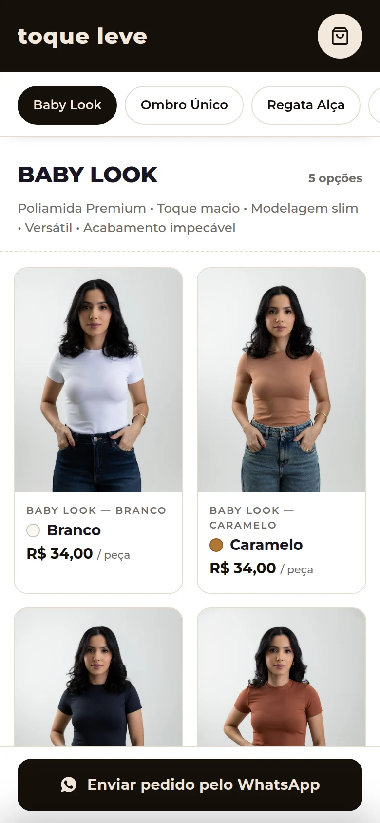 Catálogo digital real feito no AtacadoPro: fotos dos produtos, cores, preços e pedido pelo WhatsApp