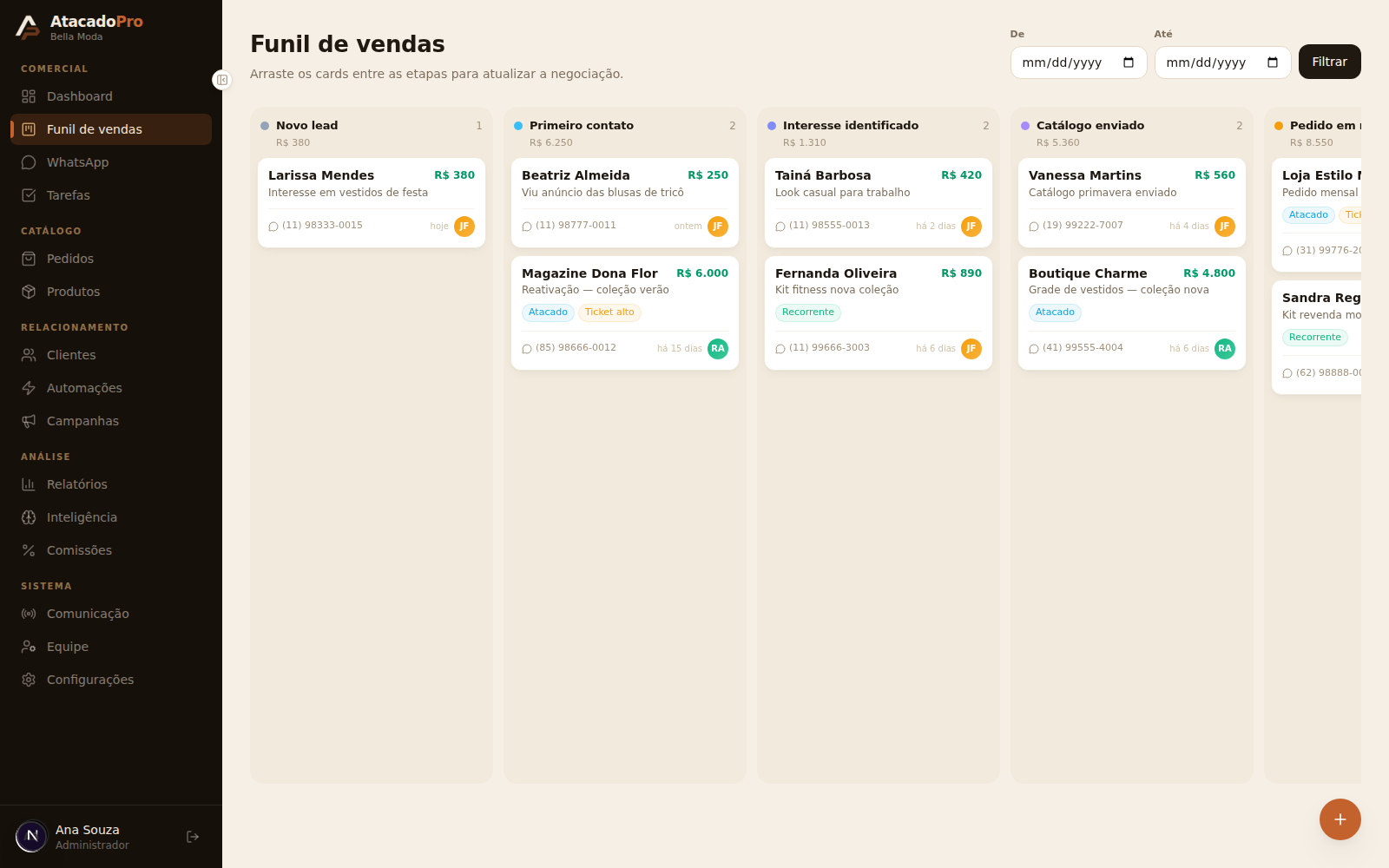 Funil de vendas do AtacadoPro com etapas e oportunidades